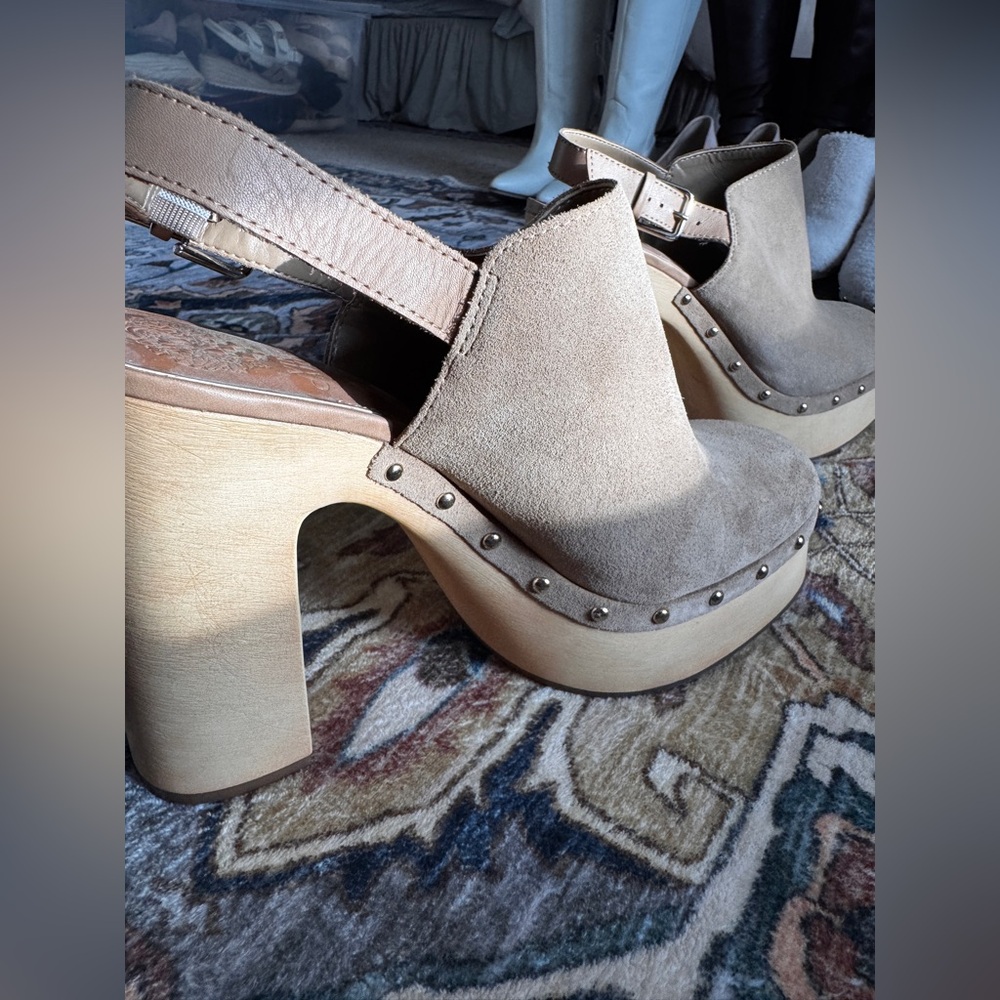 Vince Camuto Taupe Suede Platform Clogs with Studded Trim - Picture 2 of 5